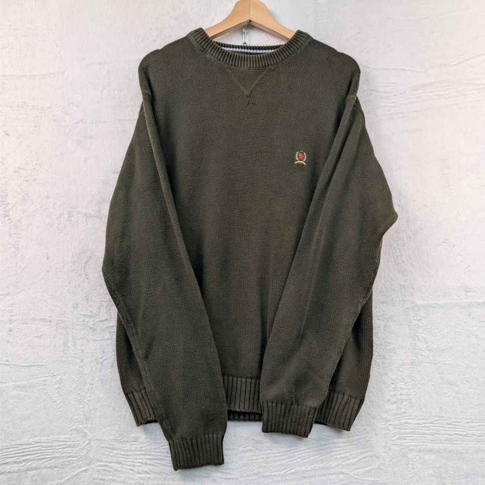 VTG Tommy Hilfiger Sweater Men's Medium Green Knit Embroidered Crest Preppy 90s